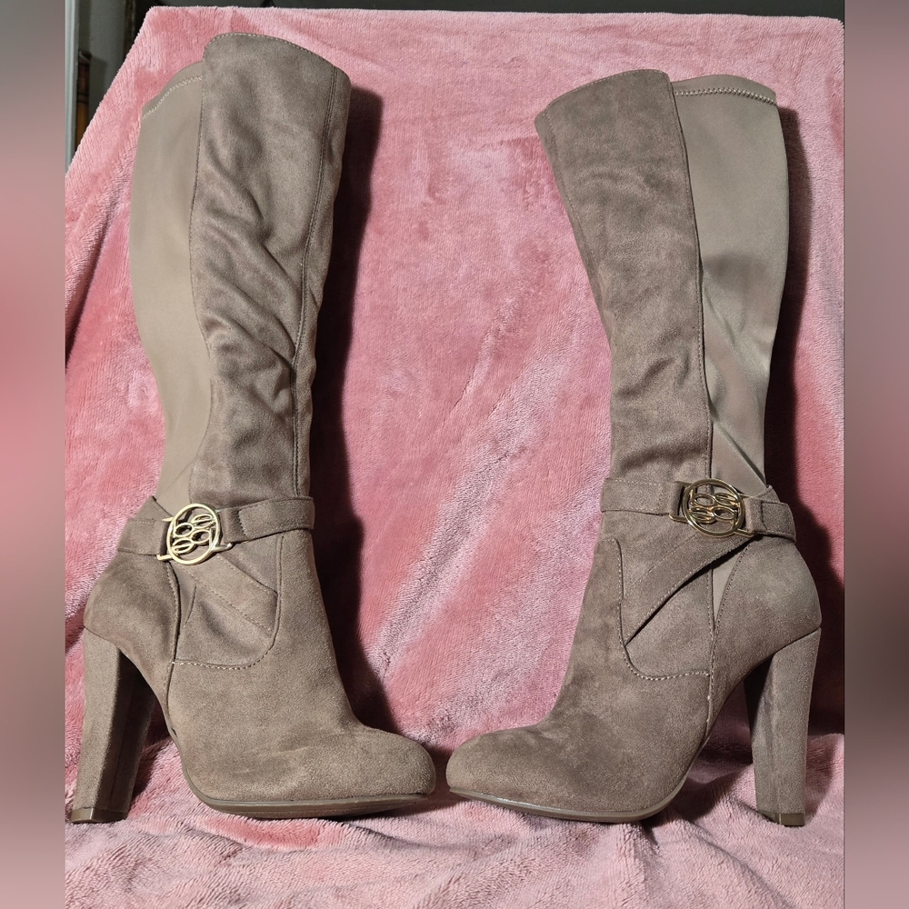 bebe Taupe Heeled Boots with Gold Buckle
